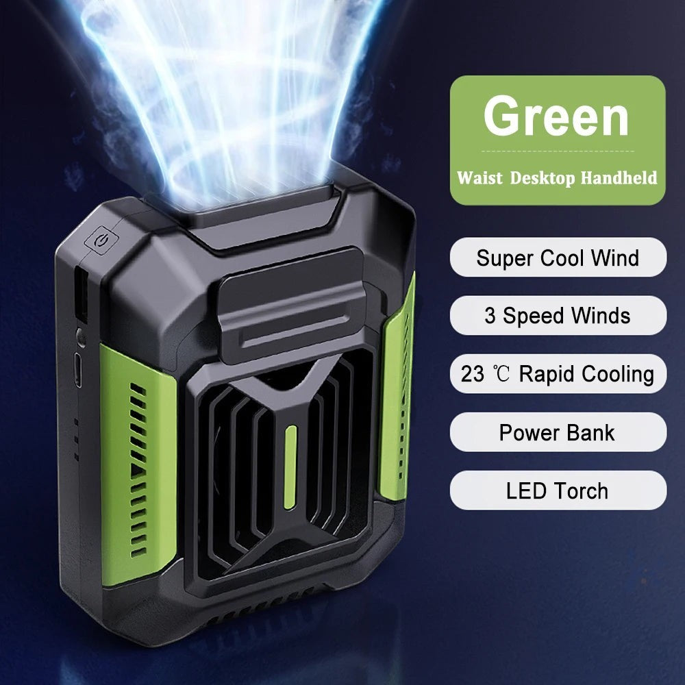 MeBrand™ 3-in-1 Portable Waist Clip Fan – Rechargeable Neck Fan, Emergency Power Bank & LED Flashlight