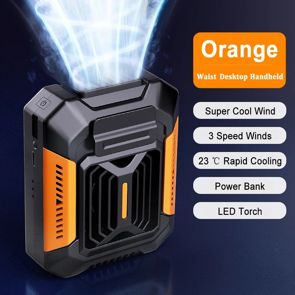 MeBrand™ 3-in-1 Portable Waist Clip Fan – Rechargeable Neck Fan, Emergency Power Bank & LED Flashlight