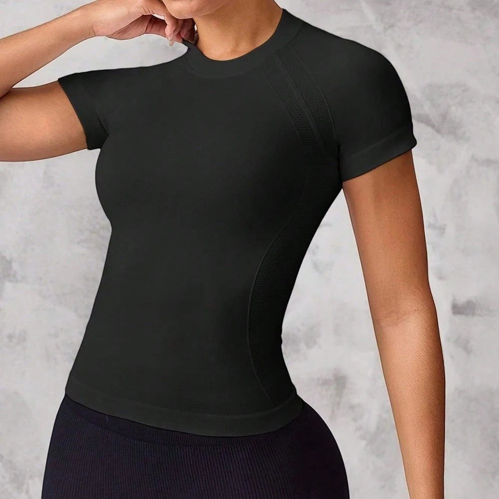 My Store black seamless short-sleeve sports top with breathable mesh panels for gym, yoga, and running.