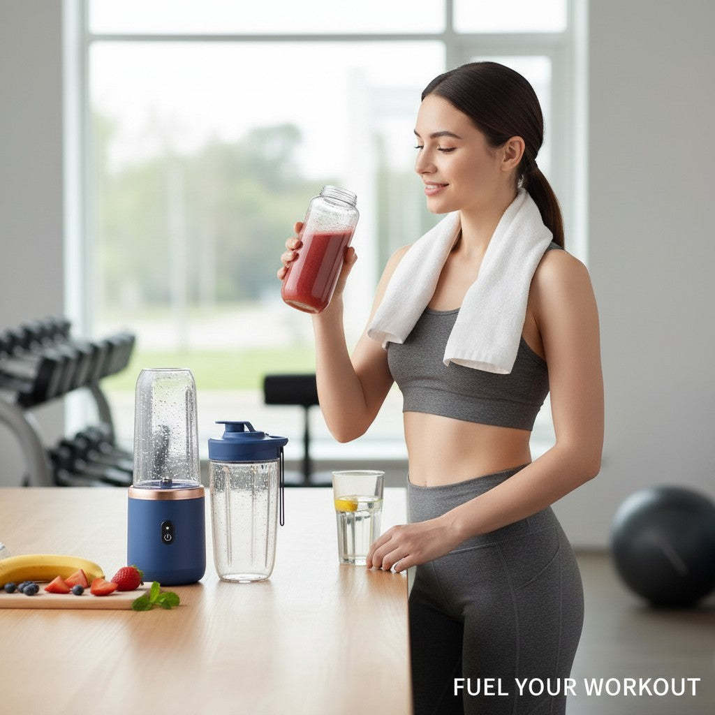 My Store MeBrand BlendGo portable juicer cup in blue, used by a woman in a gym setting with fresh fruit and smoothie.