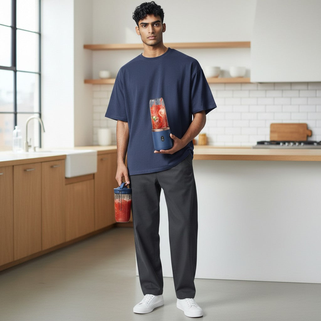 A man in a modern kitchen holding a blue My Store BlendGo portable juicer cup filled with a fresh fruit smoothie.