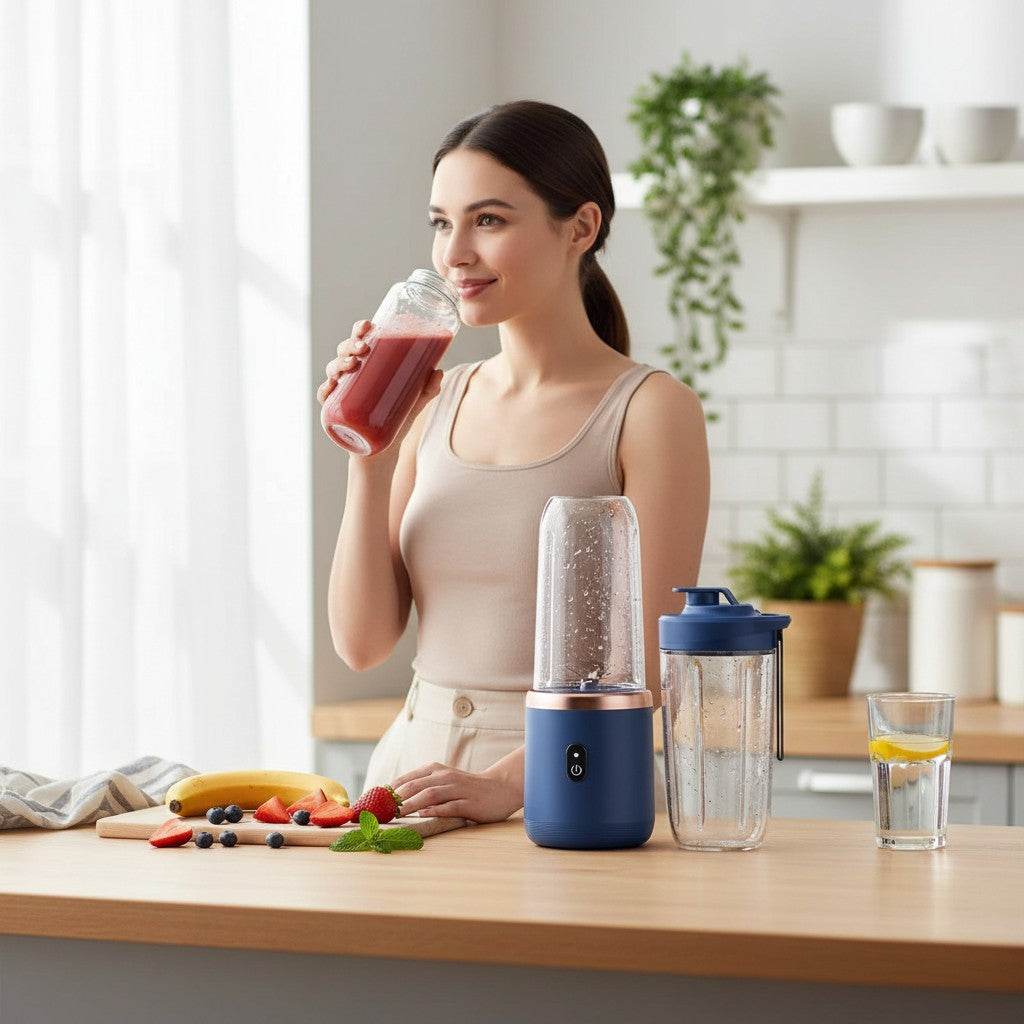 My Store MeBrand BlendGo portable juicer cup in blue, used by a woman drinking a fresh smoothie in a bright kitchen.