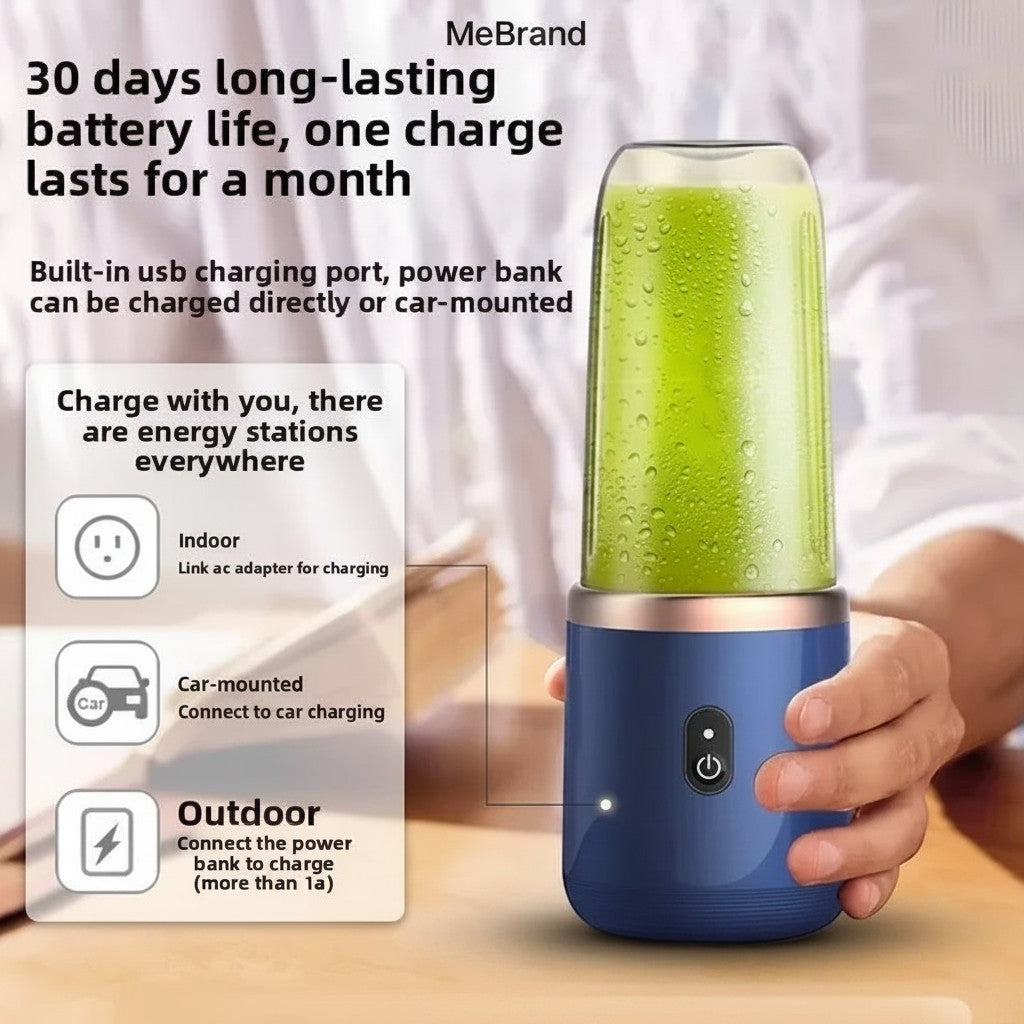My Store MeBrand BlendGo portable juicer cup in blue with green smoothie, featuring USB charging and 6 blades.