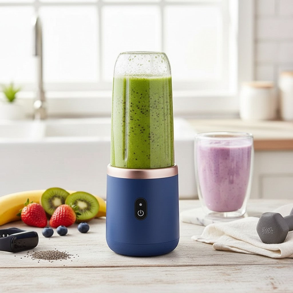 My Store BlendGo portable juicer cup in navy blue with green smoothie, set on a kitchen counter with fresh fruit.
