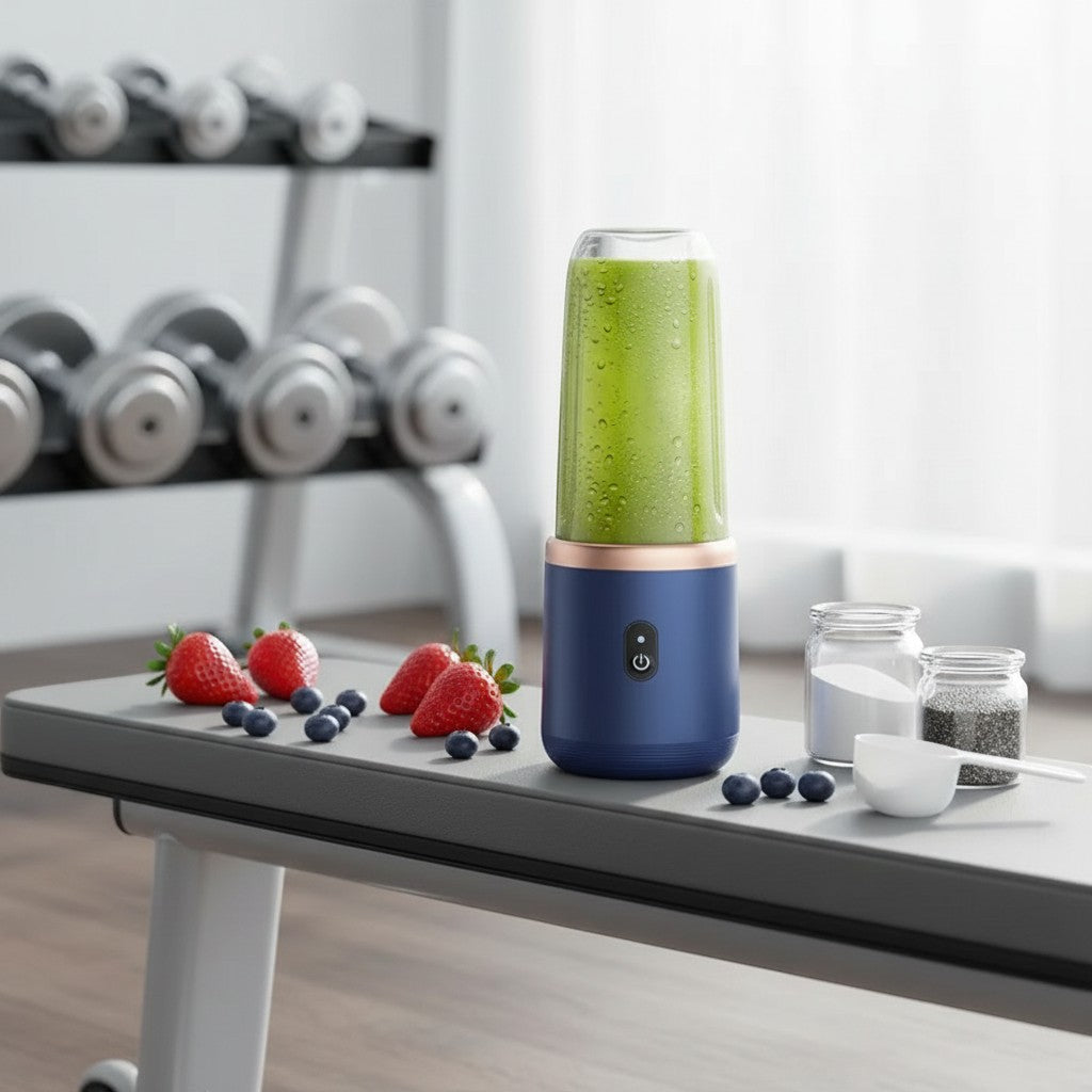 My Store BlendGo portable juicer cup in navy blue with green smoothie, strawberries, and blueberries on a gym bench.