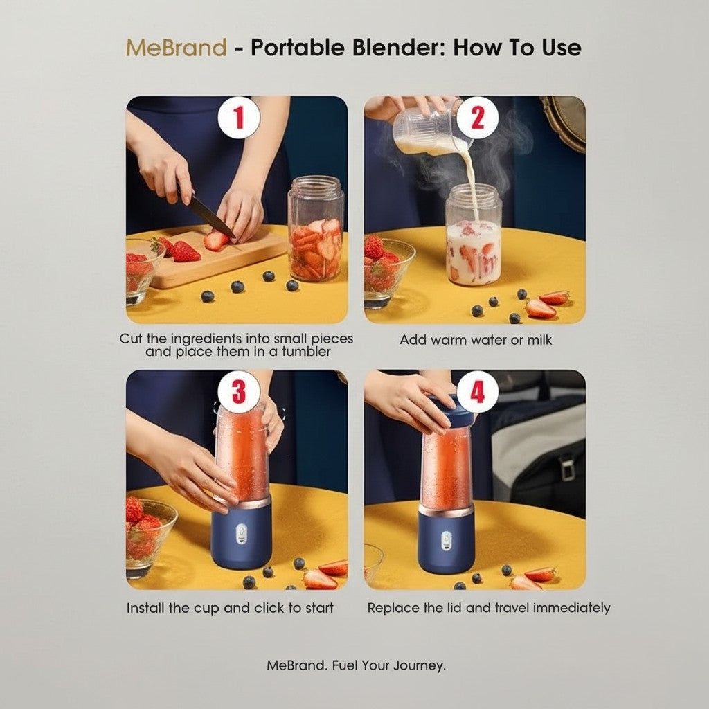 My Store MeBrand BlendGo portable juicer cup showing a four-step guide to making fresh smoothies with strawberries.