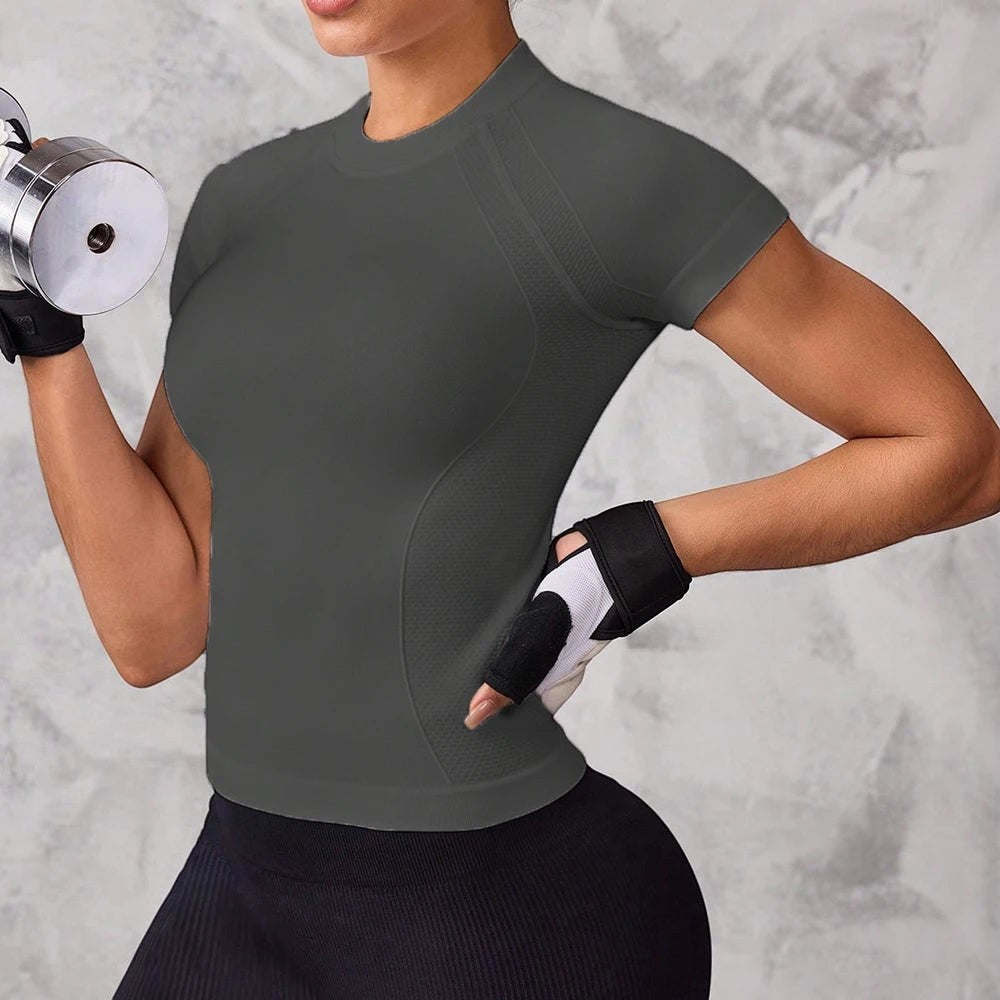 My Store women's charcoal grey seamless short-sleeve sports top with breathable stretch fabric for gym and yoga