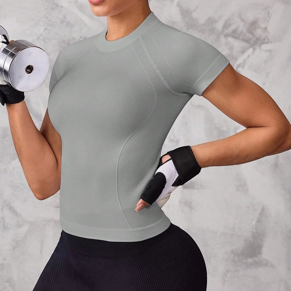 My Store women's grey seamless short-sleeve sports top with breathable stretch fabric for gym and yoga workouts.