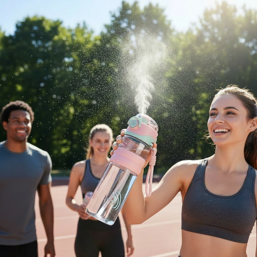 My Store MeBrand AquaMist 800ml cooling sports bottle with mist spray held by a smiling woman on an outdoor track.