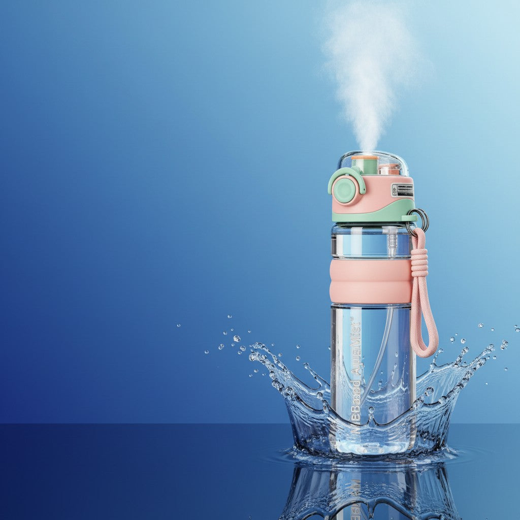My Store MeBrand AquaMist 800ml cooling sports bottle with mist spray, pink and green accents, and wrist strap.