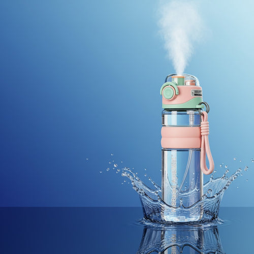 My Store MeBrand AquaMist 800ml cooling sports bottle with mist spray, pink and green accents, and wrist strap.