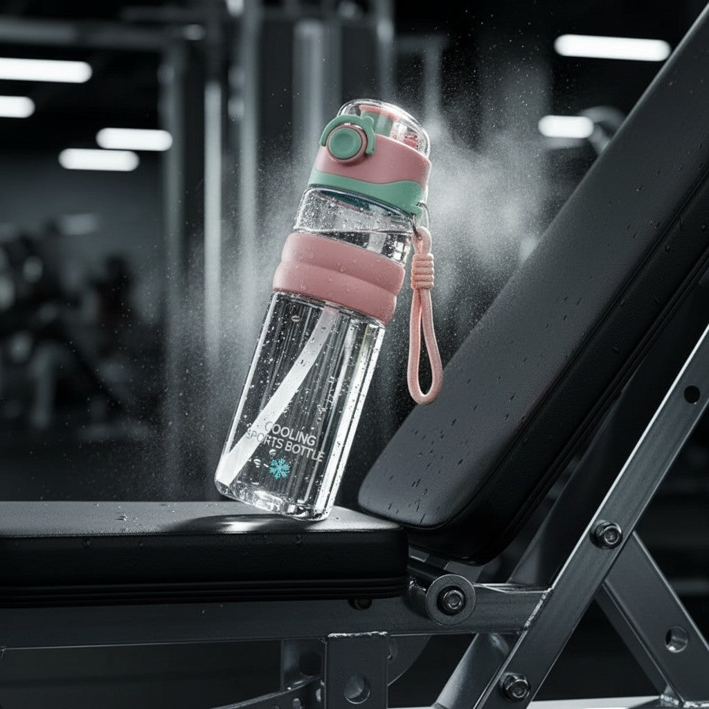 My Store MeBrand AquaMist 800ml sports bottle in pink and green with a built-in cooling mist spray on a gym bench.