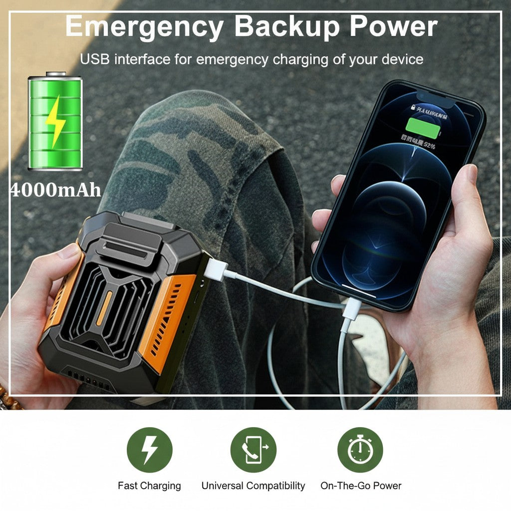 My Store MeBrand 3-in-1 portable waist fan in orange and black charging a smartphone as an emergency power bank.