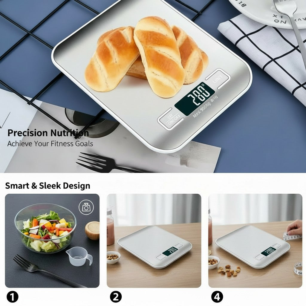 My Store MeBrand NutriScale digital kitchen scale with stainless steel surface, LED display, and bread for meal prep.