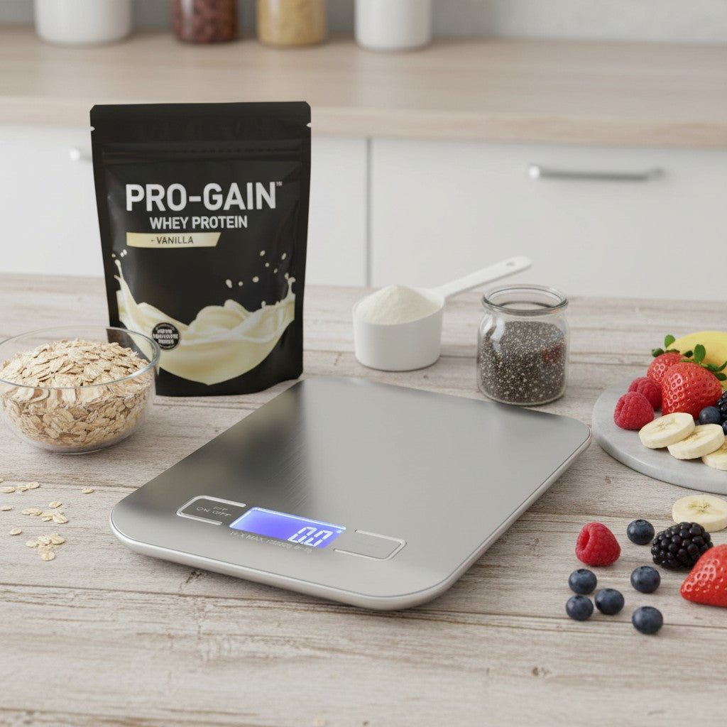 My Store MeBrand NutriScale digital food scale in silver stainless steel with LED display for meal prep and baking.