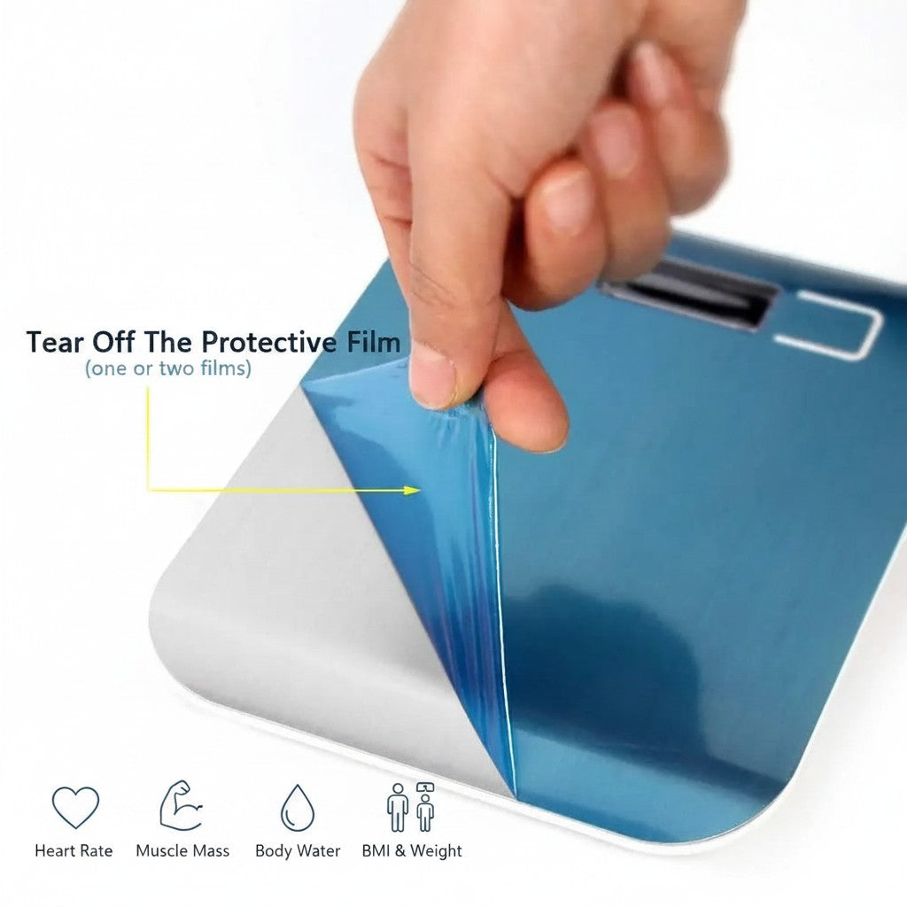My Store MeBrand NutriScale digital kitchen scale with stainless steel surface and protective film being removed.
