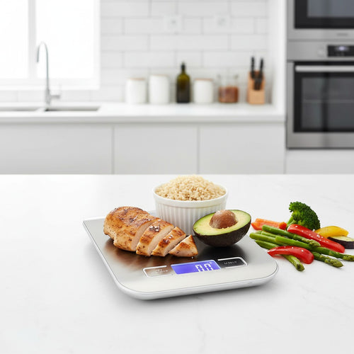 My Store MeBrand NutriScale digital food scale with stainless steel surface measuring chicken, avocado, and veggies.
