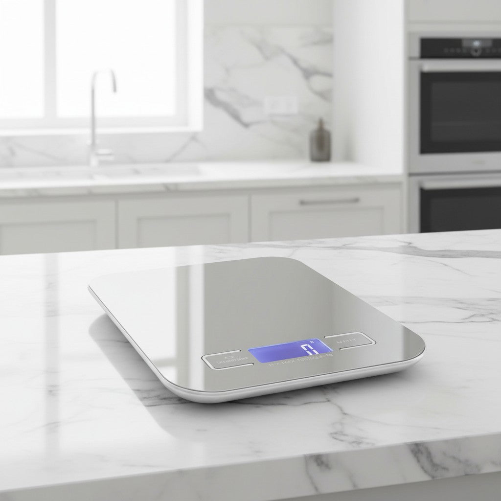 My Store MeBrand NutriScale digital food scale with a silver stainless steel surface on a marble kitchen countertop.