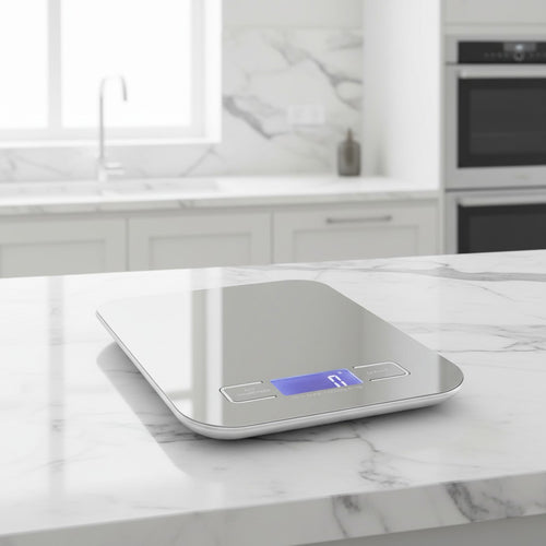My Store MeBrand NutriScale digital food scale with a silver stainless steel surface on a marble kitchen countertop.