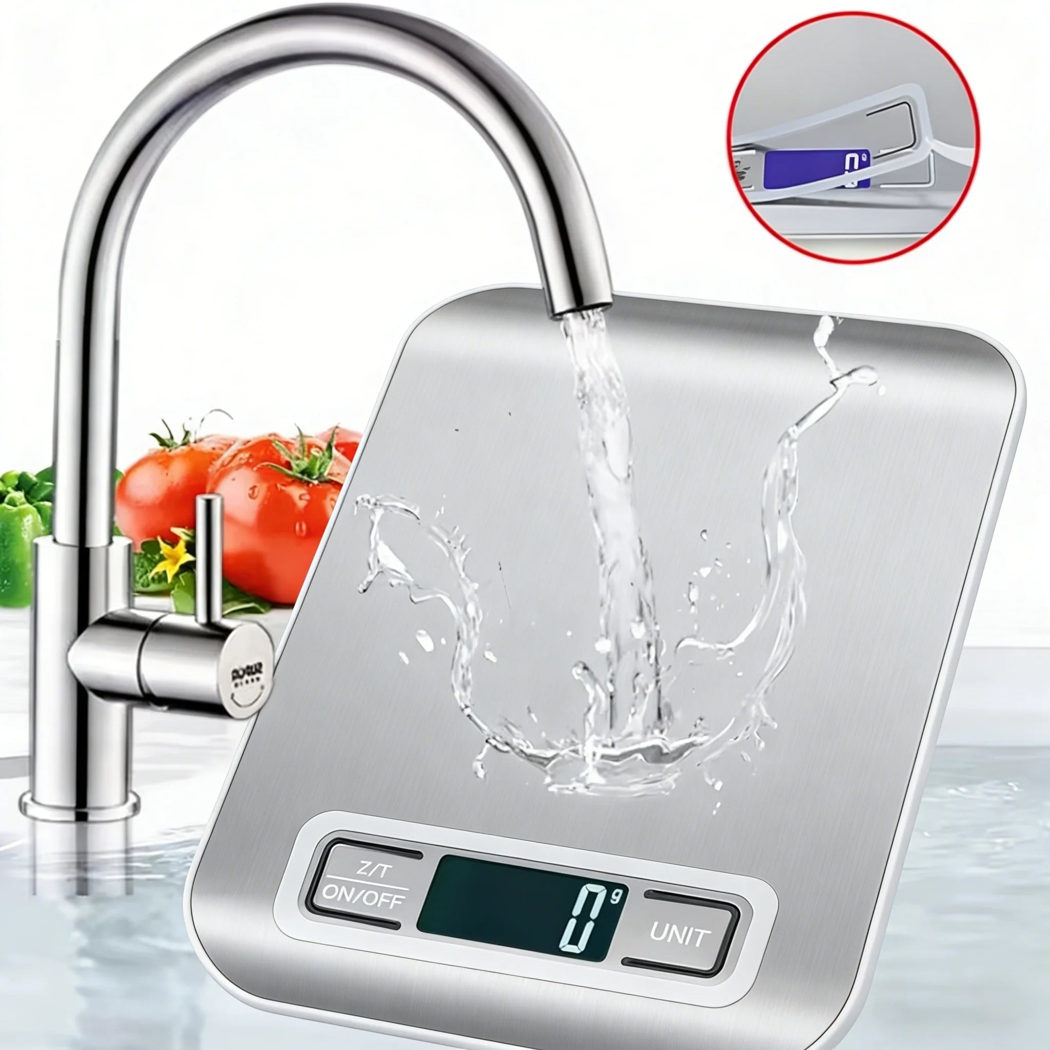My Store MeBrand NutriScale digital kitchen scale with stainless steel surface and LED display under a water faucet