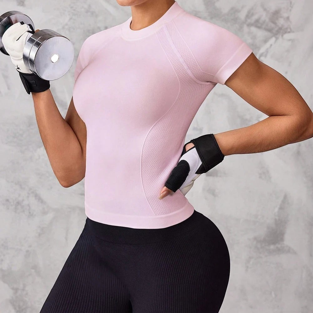 My Store women's light pink seamless short sleeve sports top with quick-dry fabric for gym, yoga, and fitness.