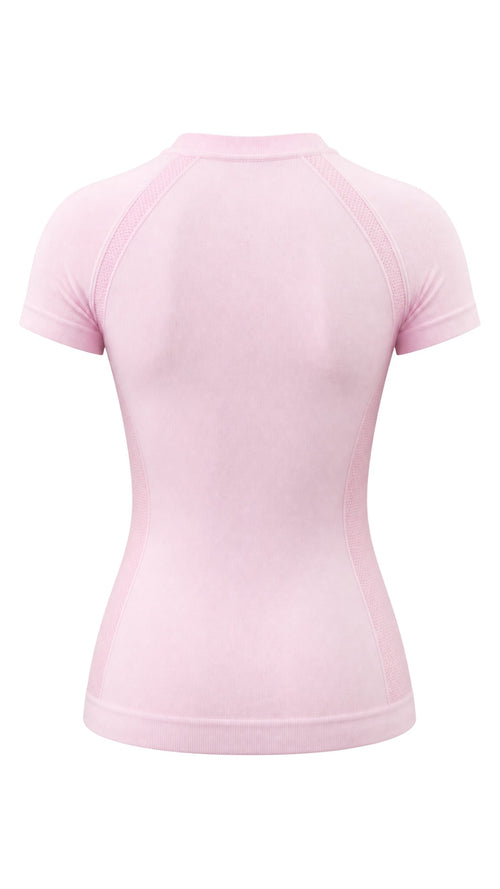 My Store light pink seamless short-sleeve sports top with breathable texture, back view.