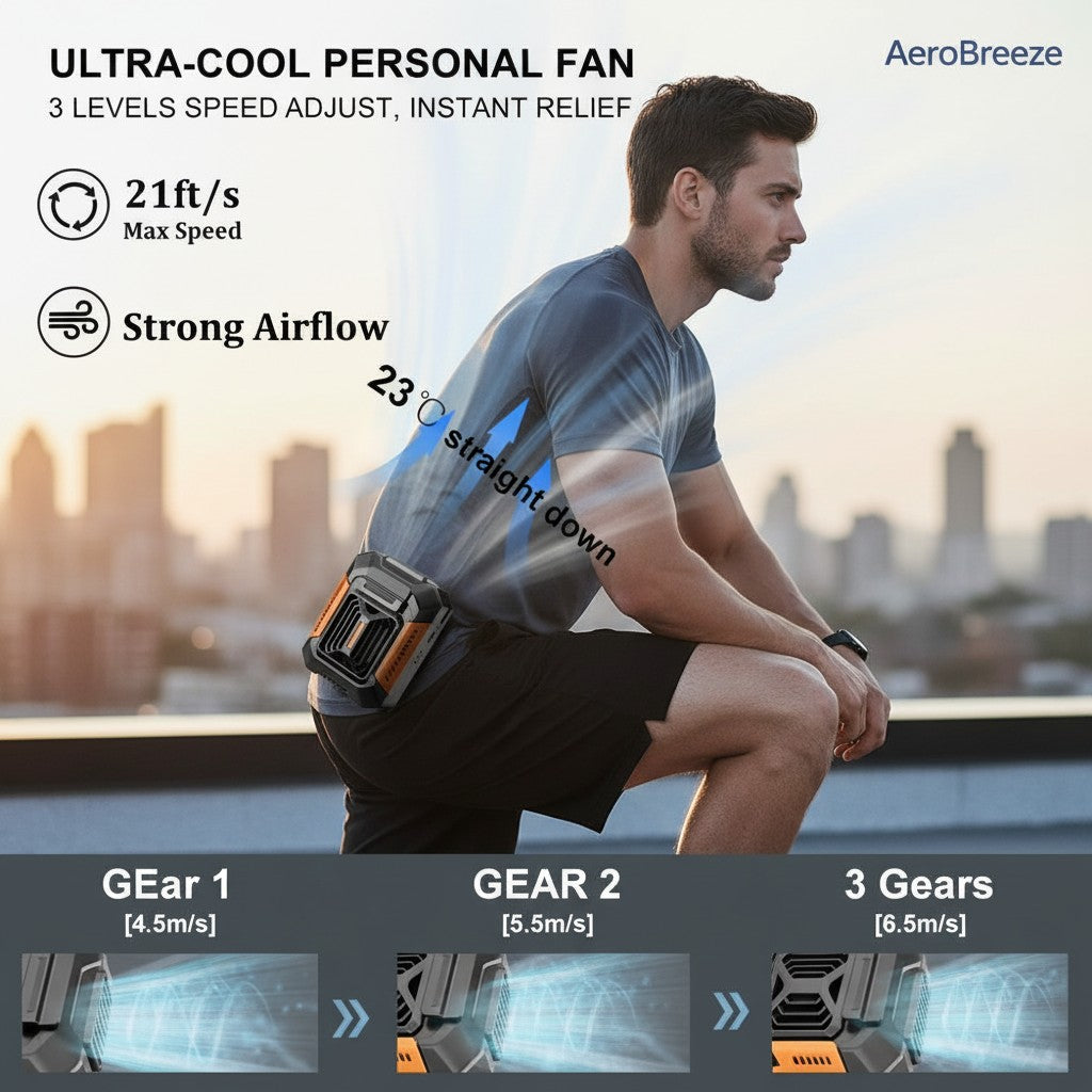 My Store MeBrand 3-in-1 portable waist fan in tactical orange, worn by a man outdoors for hands-free cooling.
