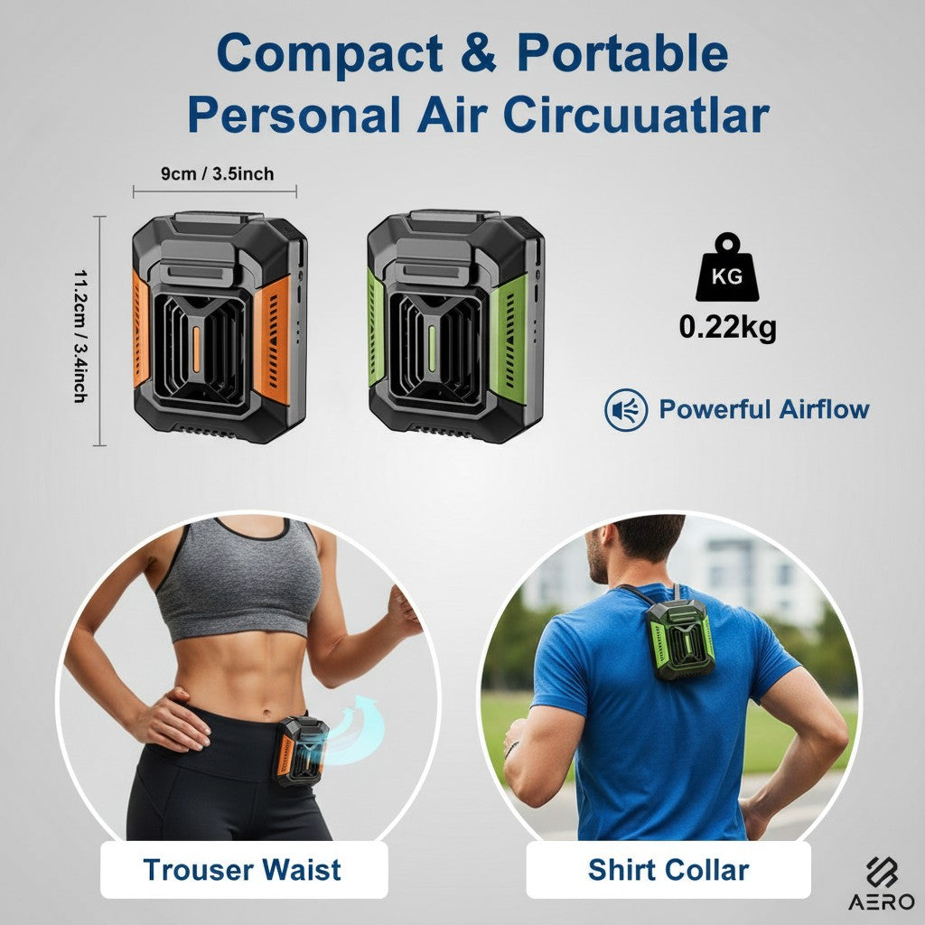 My Store 3-in-1 portable waist and neck fan in orange and green, featuring a power bank and LED light for outdoor use.