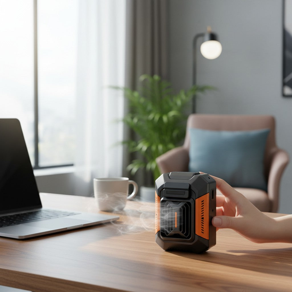 My Store MeBrand 3-in-1 portable waist fan in tactical orange and black, featuring a belt clip and power bank function.