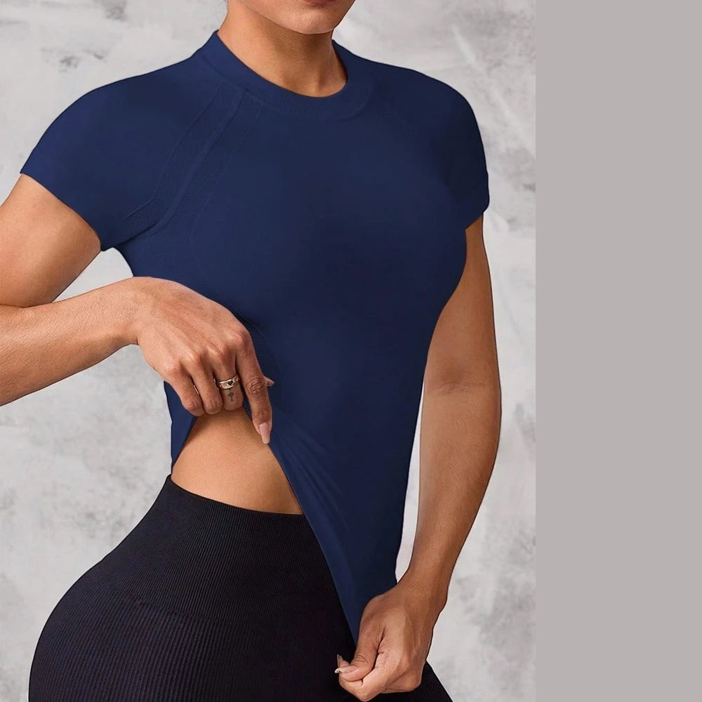 My Store seamless navy blue short sleeve sports top with quick-dry stretch fabric for gym and yoga