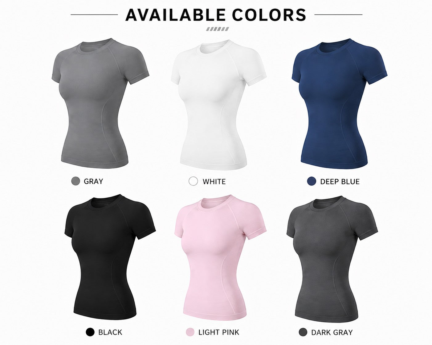 My Store seamless sports tops in gray, white, deep blue, black, light pink, and dark gray for gym and yoga.